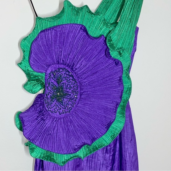 S 4 VTG 80’s BB Collections Purple Green Ruffle Formal One Shoulder Party Dress - Picture 7 of 9